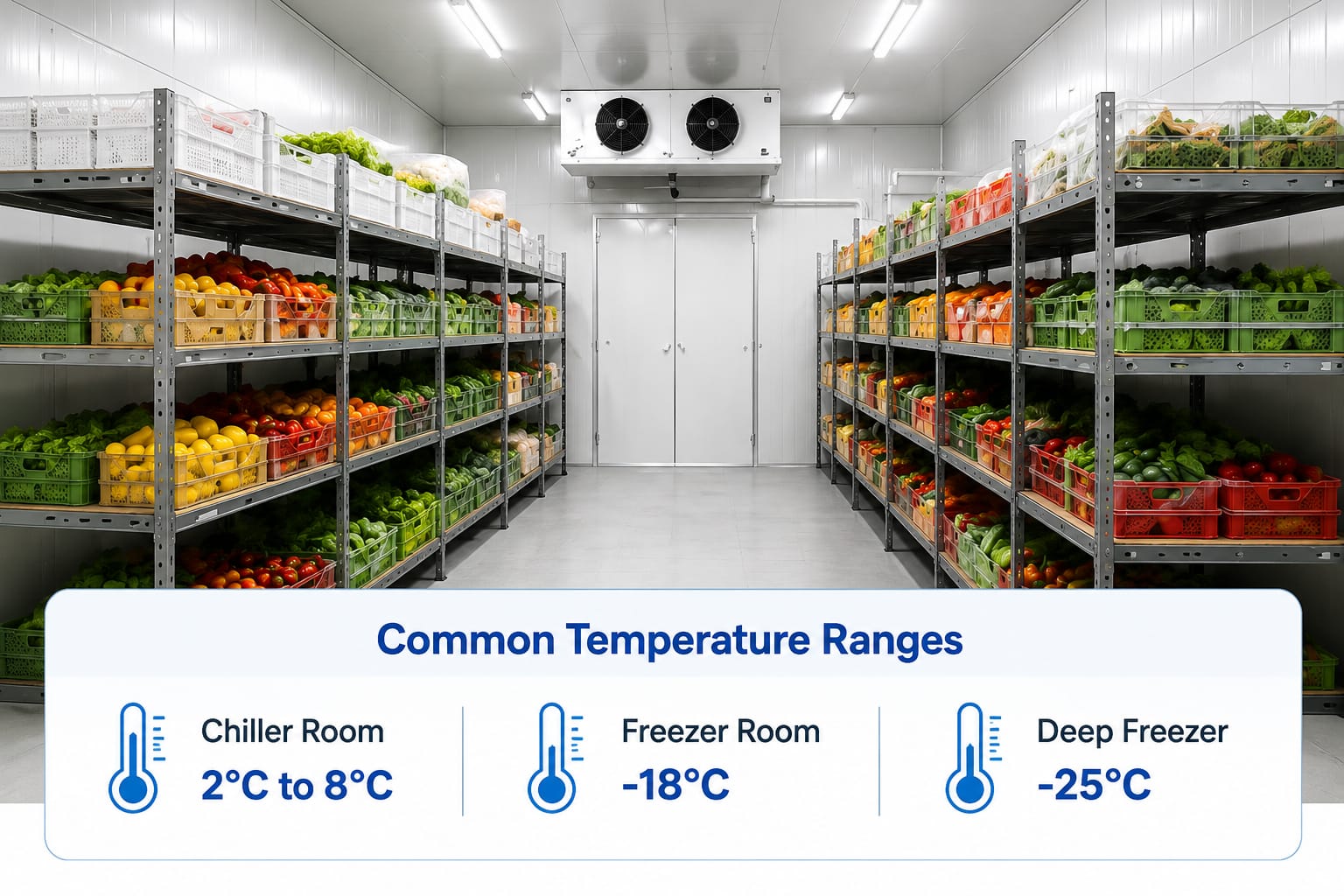 Cold Room Storage with shelves full of vegetables and fruits